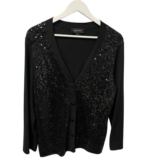 St. John Black Sequin Embellished Button Front V Neck Cardigan Womens Large - Picture 1 of 7